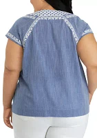 Plus Short Sleeve Split Neck Embroidered Top