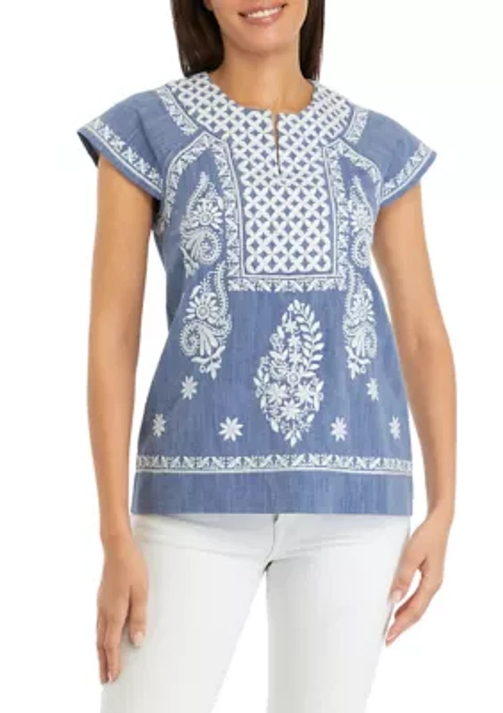 Women's Embroidered Split Neck Top