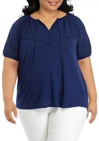 Plus Short Sleeve Eyelet Yoke Top