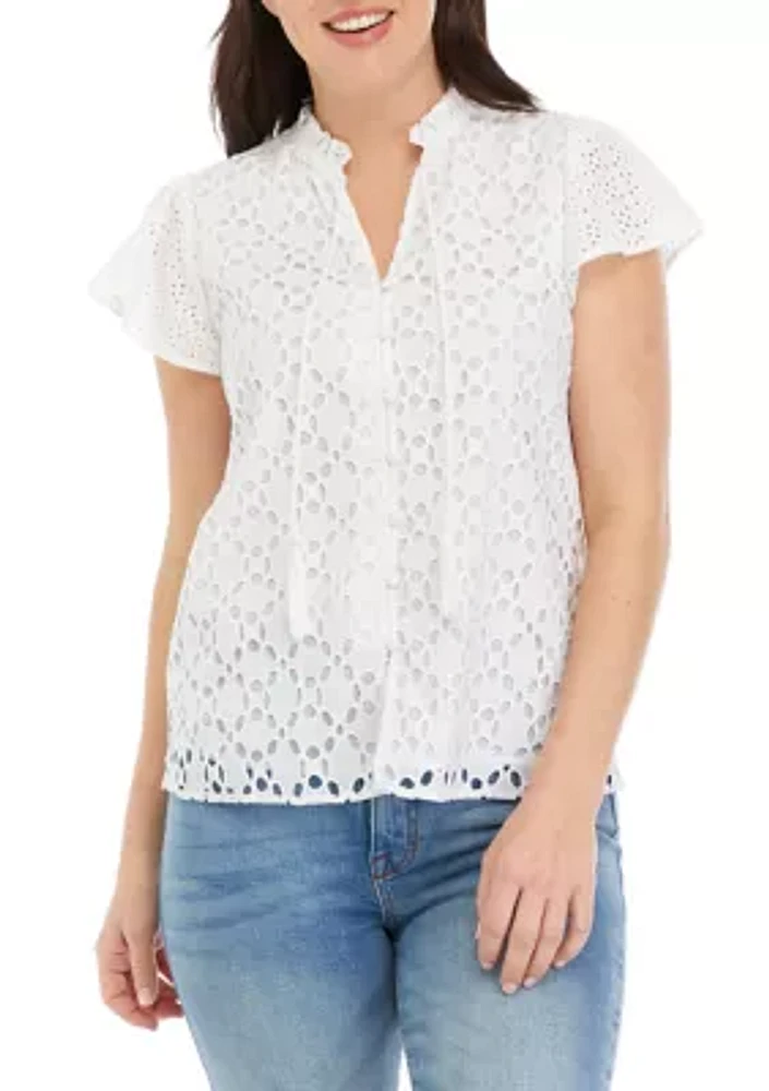 Women's Ruffle Sleeve Eyelet Blouse