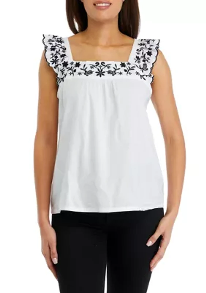 Women's Flutter Sleeve Embroidered Top