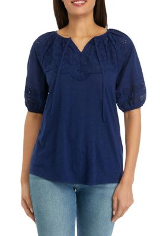 Women's Mixed Media Puff Sleeve Top