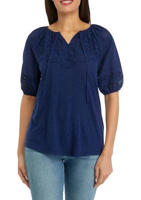 Women's Mixed Media Puff Sleeve Top