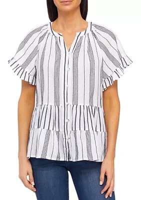 Women's Flutter Sleeve Striped Tiered Peasant Top