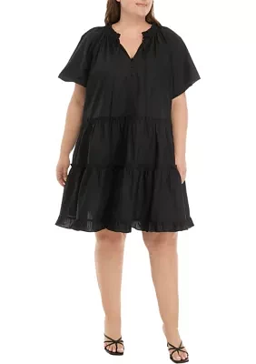 Plus Short Sleeve Button Front Tiered Dress