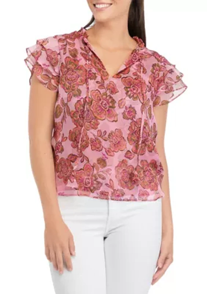 Women's Flutter Sleeve Printed Blouse