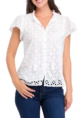 Women's Ruffle Sleeve Eyelet Button Up Top