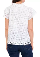 Women's Ruffle Sleeve Eyelet Button Up Top