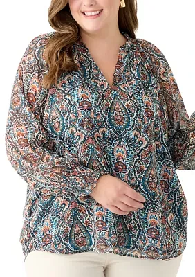 Plus Long Sleeve Printed Blouse