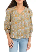 Petite 3/4 Puff Sleeve Woven Printed V-Neck Blouse