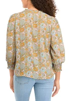 Petite 3/4 Puff Sleeve Woven Printed V-Neck Blouse