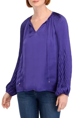 Women's Blouson Sleeve Tie Neck Satin Blouse