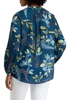 Women's Blouson Sleeve Floral Split Neck Blouse