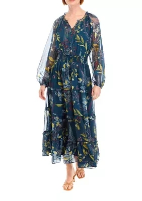 Women's Split Neck Floral Midi Dress