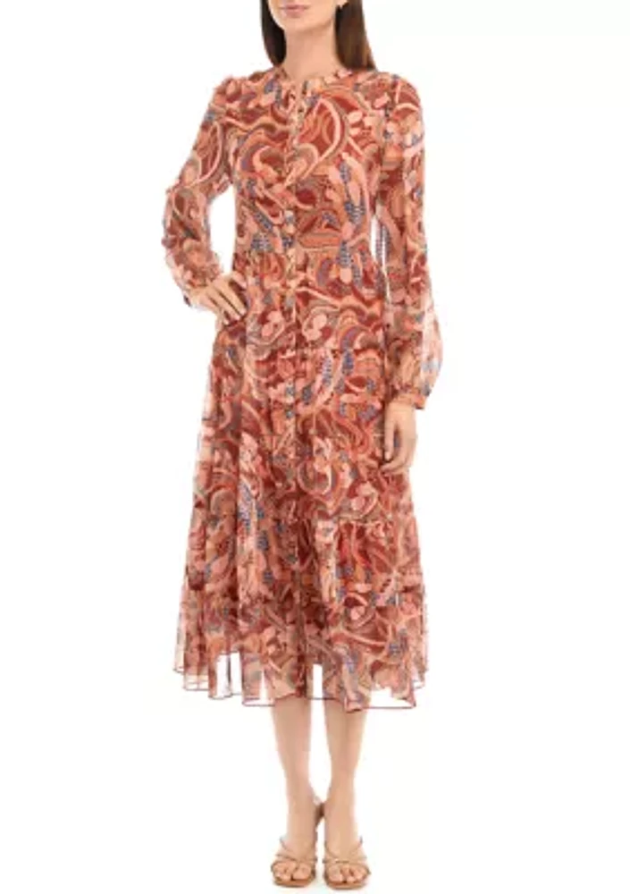 Women's Blouson Sleeve Paisley Print Midi Dress