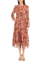 Women's Blouson Sleeve Paisley Print Midi Dress