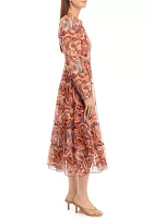 Women's Blouson Sleeve Paisley Print Midi Dress