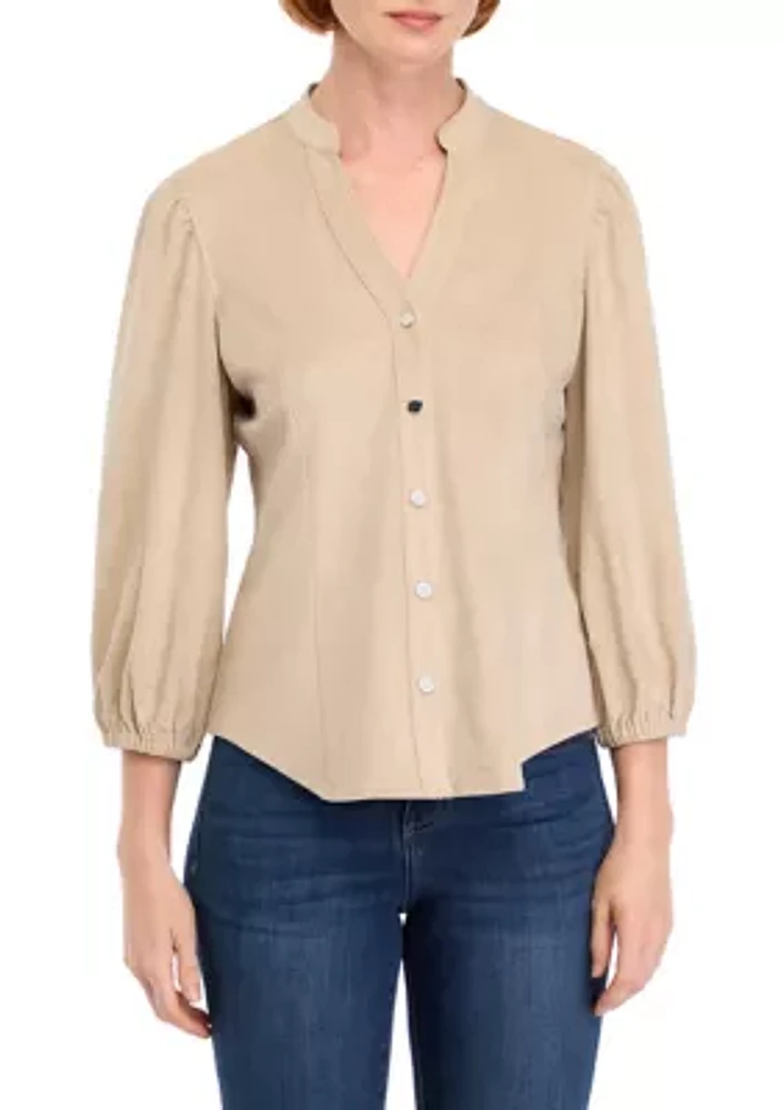 Women's Vegan Suede Split Neck Button Front Shirt