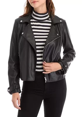 Women's Vegan Leather Zip Front Moto Jacket