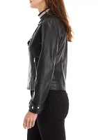 Women's Vegan Leather Zip Front Moto Jacket