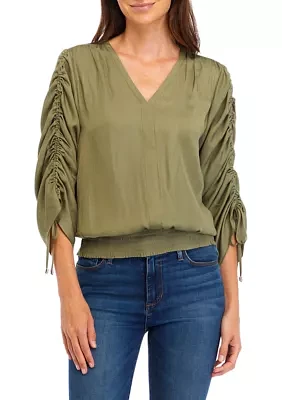 Women's Long Ruched Sleeve Smocked Bottom Hem Blouse