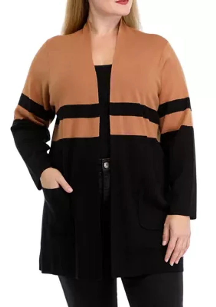 Plus Color Blocked Open Front Cardigan