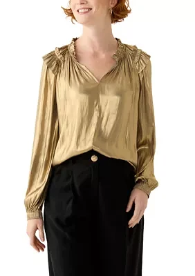 Women's Long Sleeve Split Neck Ruffle Shoulder Blouse