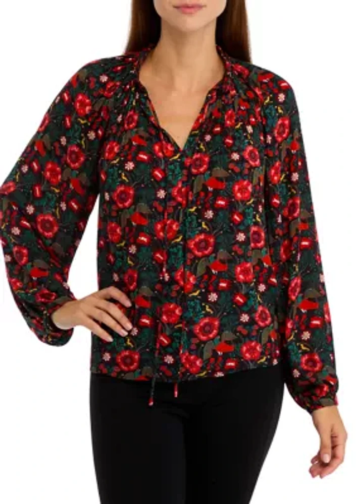 Women's Long Sleeve Printed Pleated Blouse