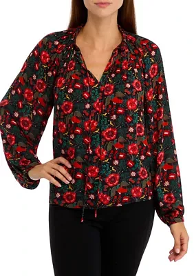 Women's Long Sleeve Printed Pleated Blouse