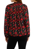 Women's Long Sleeve Printed Pleated Blouse