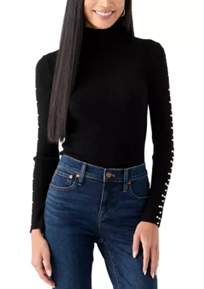 Women's Mock Neck Pearl Sleeve Detail Sweater