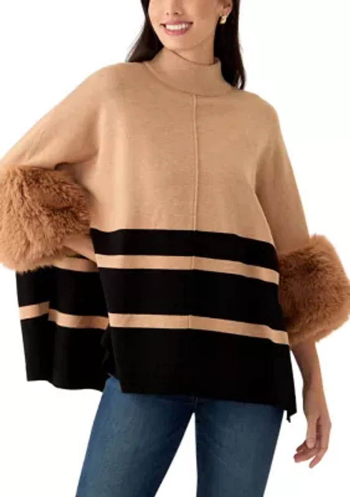 Women's Mock Neck Stripe Fur Cuff Poncho