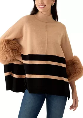 Women's Mock Neck Stripe Fur Cuff Poncho