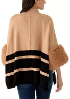 Women's Mock Neck Stripe Fur Cuff Poncho