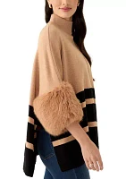 Women's Mock Neck Stripe Fur Cuff Poncho