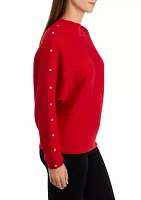 Women's Mock Neck Rhinestone Embellished Lurex Ribbed Sweater