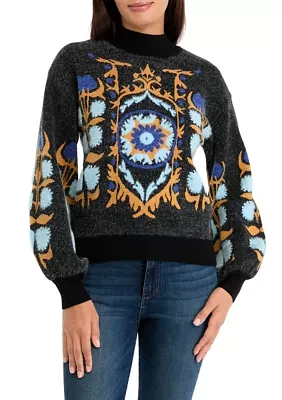 Women's Printed Mock Neck Eyelash Sweater