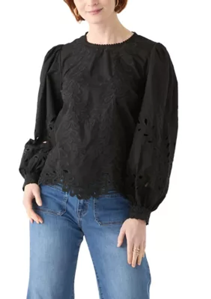 Women's Long Sleeve Round Neck Embroidered Blouse