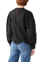 Women's Long Sleeve Round Neck Embroidered Blouse