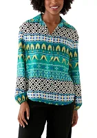 Women's Long Sleeve Printed Collared Button Front Top