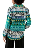 Women's Long Sleeve Printed Collared Button Front Top