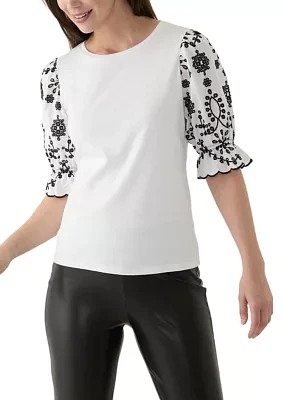 Women's Mix Woven Knit Embroidered Sleeve T-Shirt