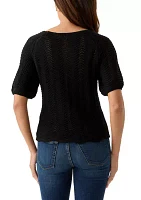 Women's Elbow Sleeve Boat Neck Pointelle Sweater