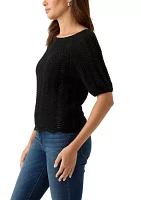 Women's Elbow Sleeve Boat Neck Pointelle Sweater