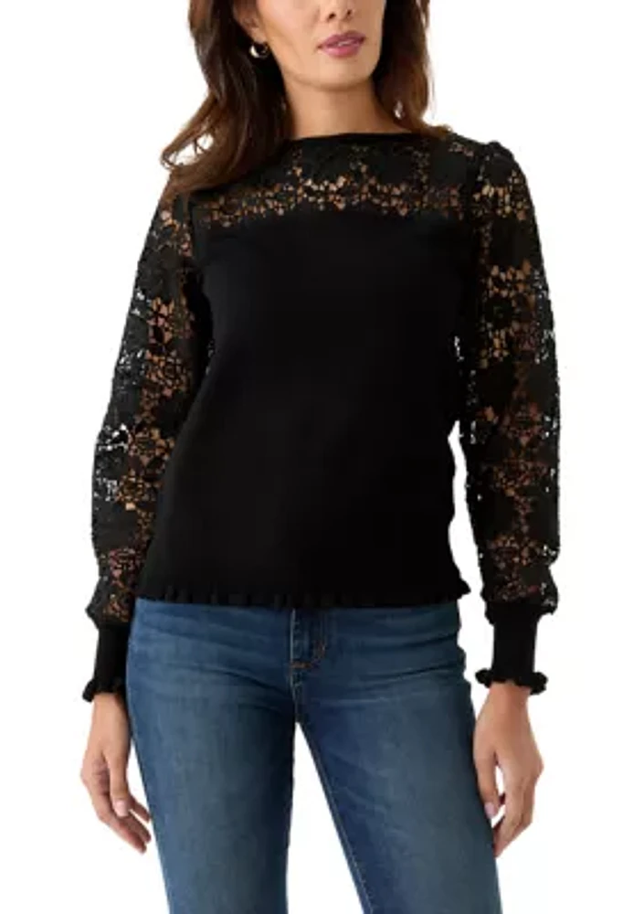 Women's Long Sleeve Boat Neck Crochet Sweater