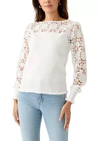 Women's Long Sleeve Boat Neck Crochet Sweater