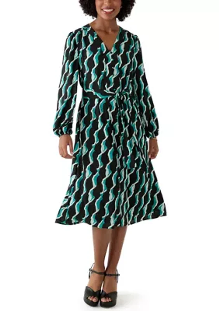 Women's Long Blouson Sleeve Printed Button Front Dress