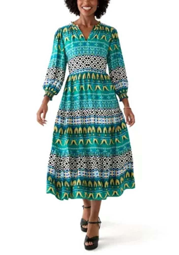 Women's Puff Sleeve Split Neck Printed Dress