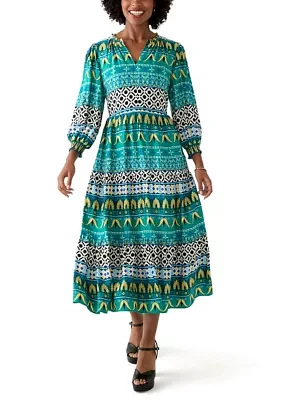 Women's Puff Sleeve Split Neck Printed Dress