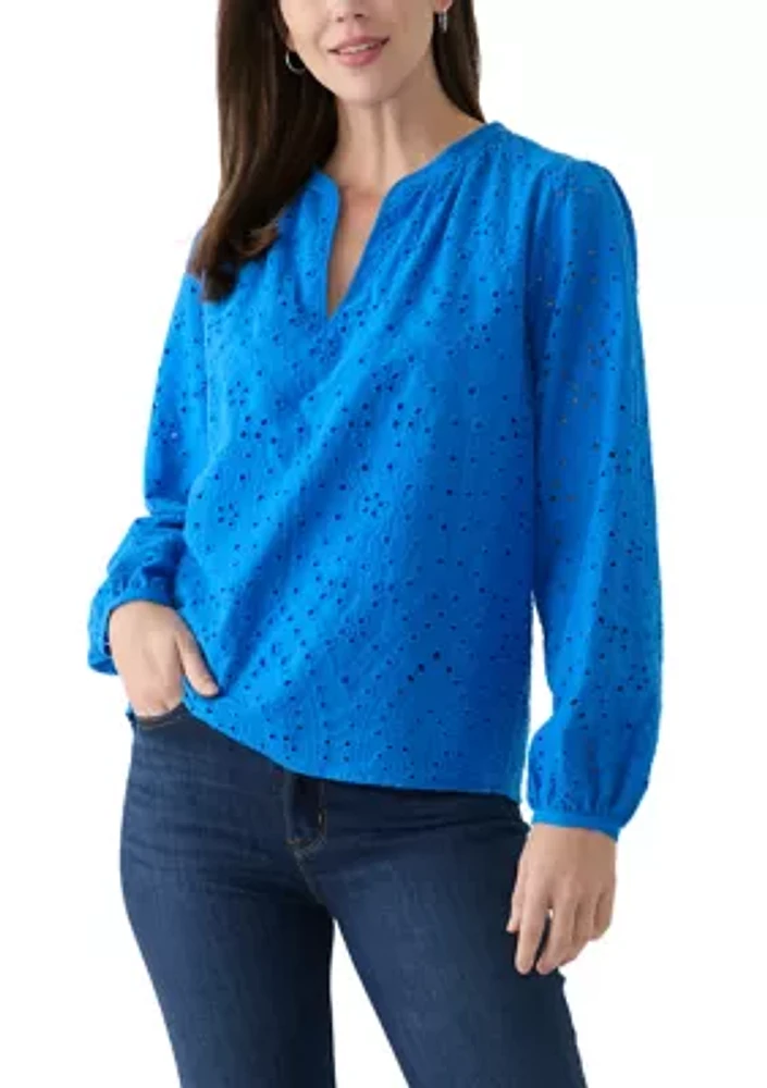 Women's Long Sleeve Raglan Split Neck Eyelet Blouse